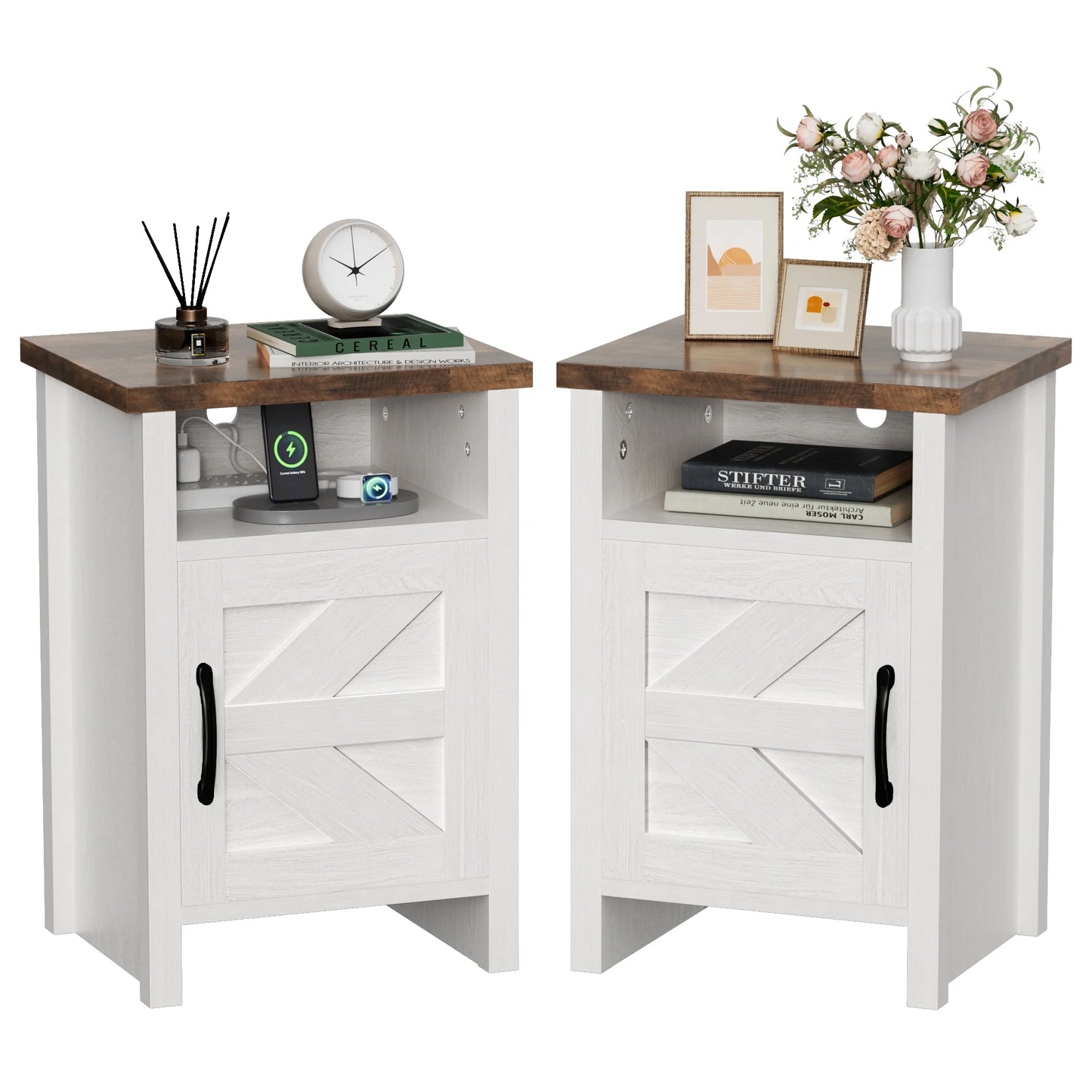 Nightstand Set of 2 Farmhouse Nightstand with Storage Shelves Bedside Tables End Table for Bedroom Modern Wood Side Table Living Room,White