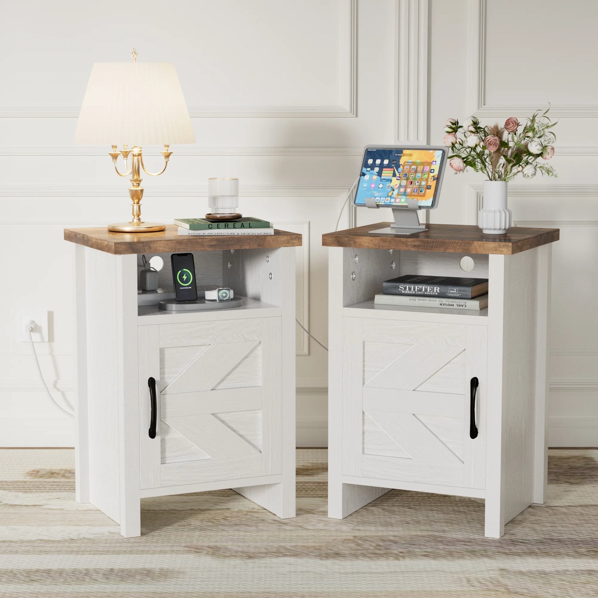 Nightstand Set of 2 Farmhouse Nightstand with Storage Shelves Bedside Tables End Table for Bedroom Modern Wood Side Table Living Room,White